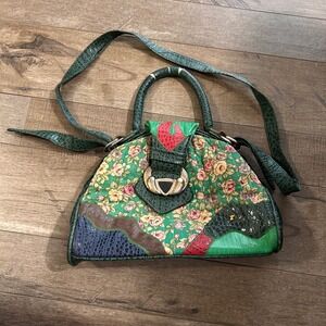 Vintage XP Mixed Media Floral Green Reptile Embossed Leather Crossbody Handbag